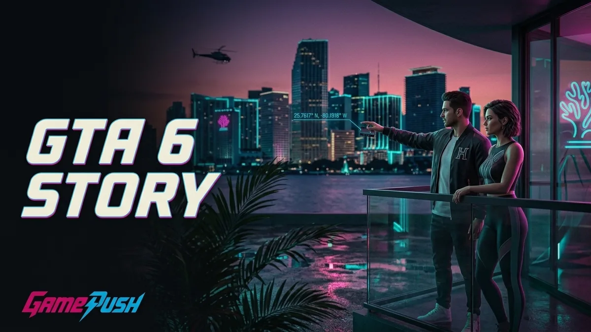 GTA 6 Story: Jason und Lucia als Verbrecher-Duo vor Vice City mit Neonlicht und Polizeisirenen