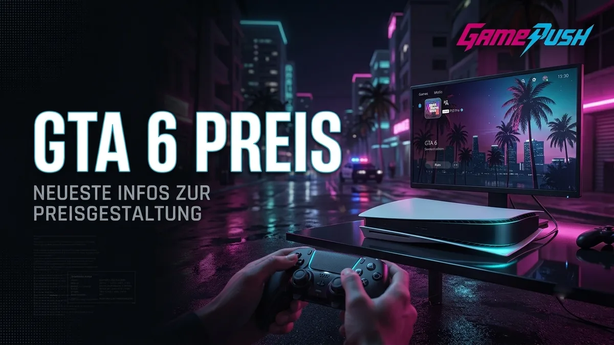GTA 6 Preis: Editionen mit Preisschildern vor der Skyline von Vice City bei Nacht