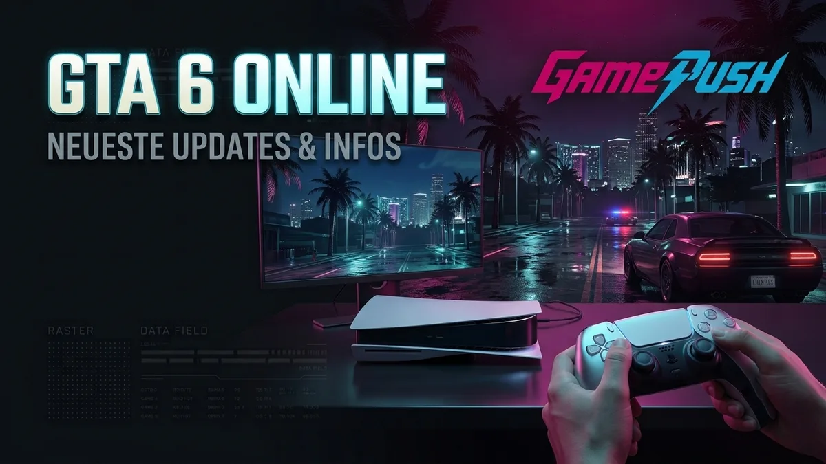 GTA 6 Online: PS5-Konsole und Controller vor einem Monitor mit Vice-City-Straße bei Nacht und Neonlichtern