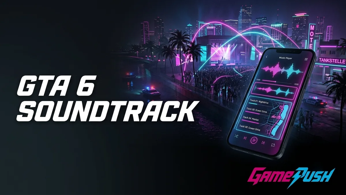 GTA 6 Soundtrack: Autoradio mit Senderanzeige und Neonlicht auf einer Straße in Vice City bei Nacht