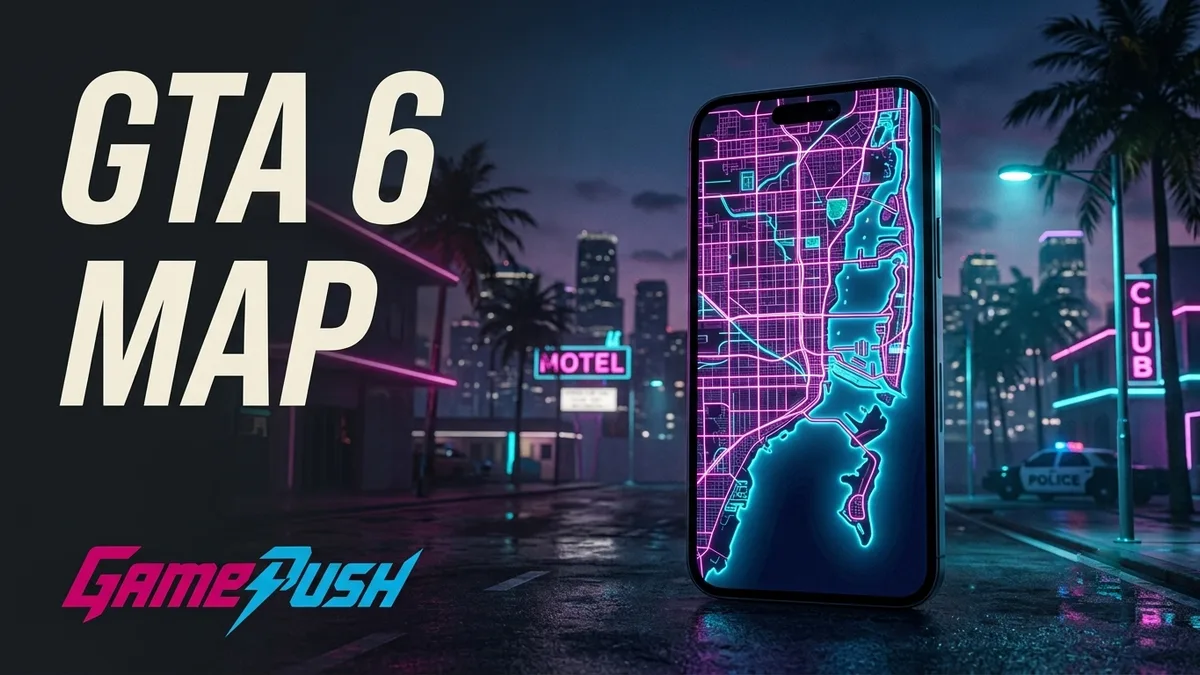 GTA 6 Map: Smartphone zeigt die Karte von Vice City und Leonida, nächtliche Straße mit Neonschildern