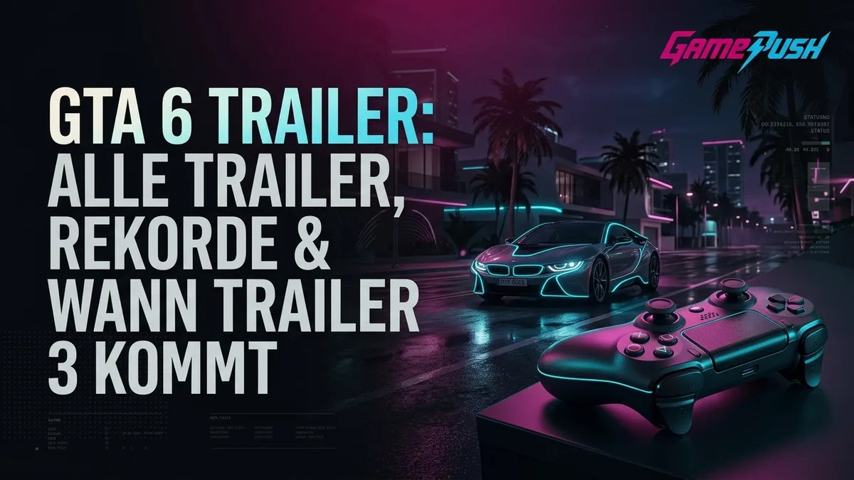 GTA 6 Trailer: Play-Button auf einem Bildschirm mit Vice-City-Szene und Neonlicht bei Nacht