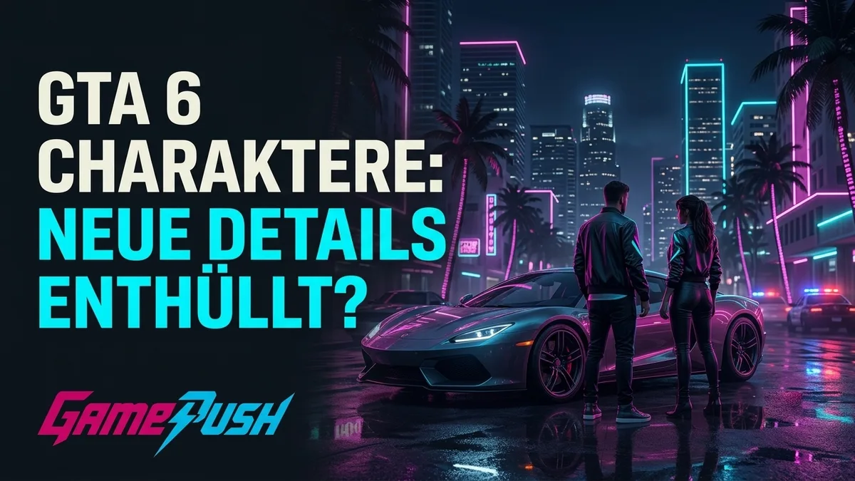 GTA 6 Charaktere Jason und Lucia vor der nächtlichen Skyline von Vice City neben einem Sportwagen