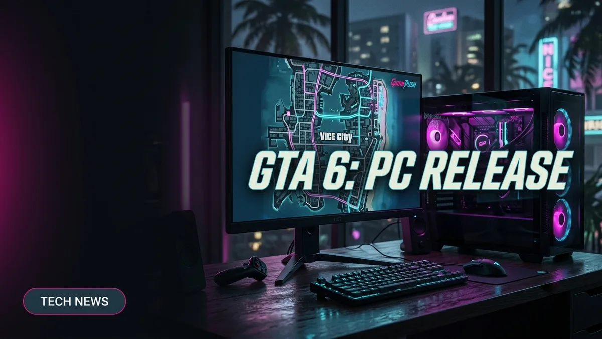 GTA 6 auf dem PC: Gaming-Setup mit Monitor, der die Vice-City-Karte zeigt, daneben ein Gaming-PC mit RGB-Beleuchtung