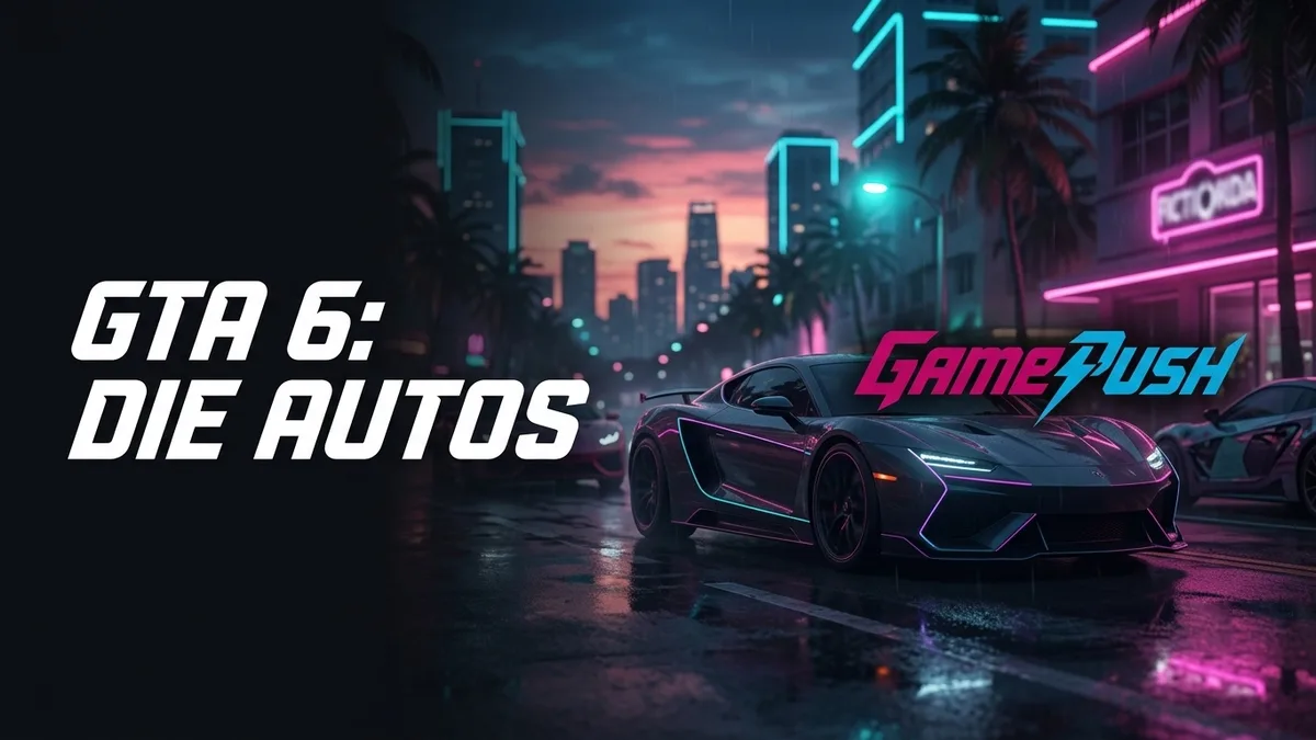 GTA 6 Autos: Sportwagen bei Nacht auf regennasser Straße in Vice City mit Neonlichtern