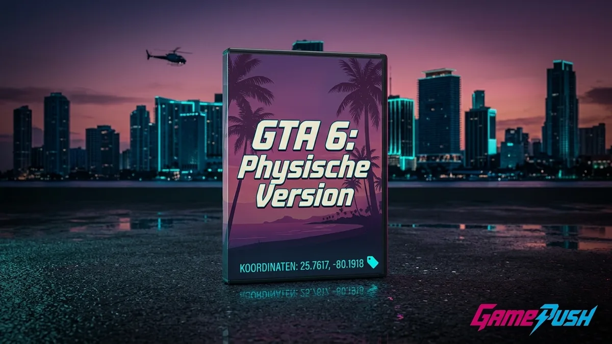 GTA 6 physische Version: PS5- und Xbox-Disc-Hülle von GTA 6 vor der Vice-City-Neonkulisse bei Nacht